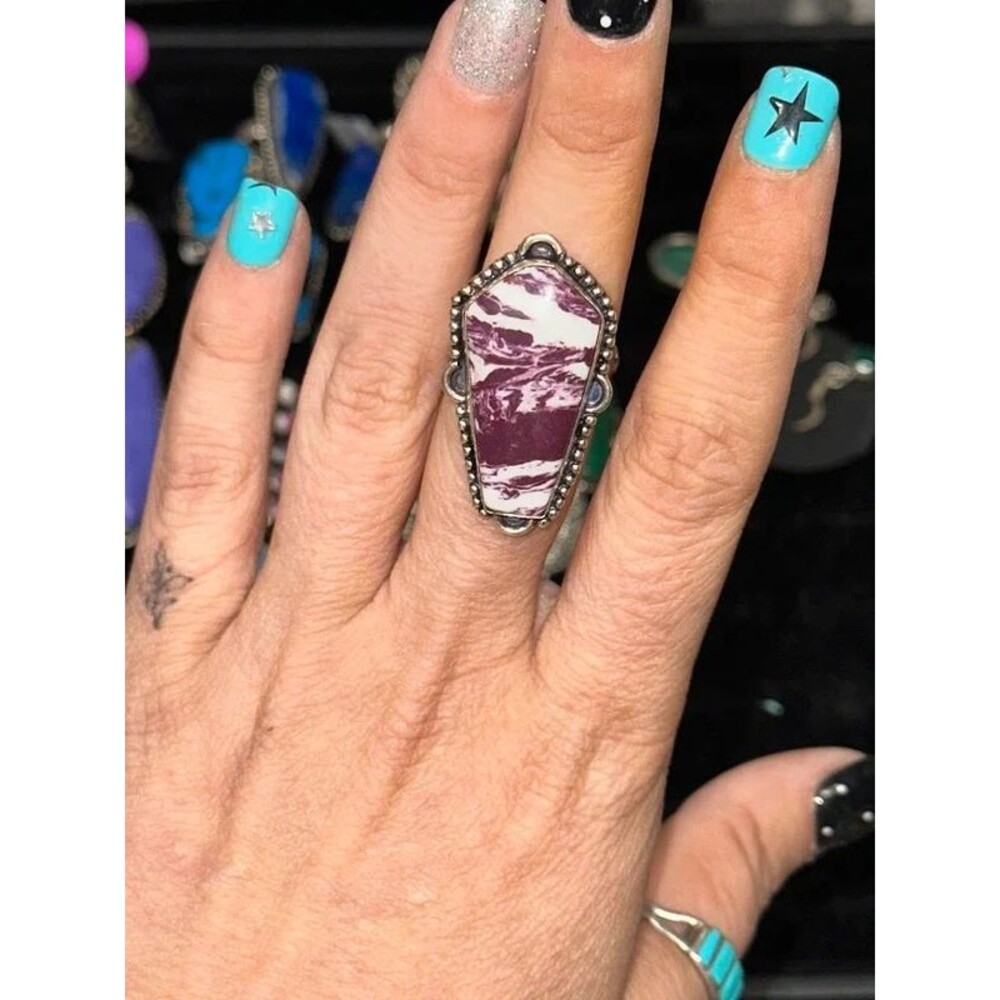 Purple Dahlia Coffin Sterling Silver Overlay Ring Size 8